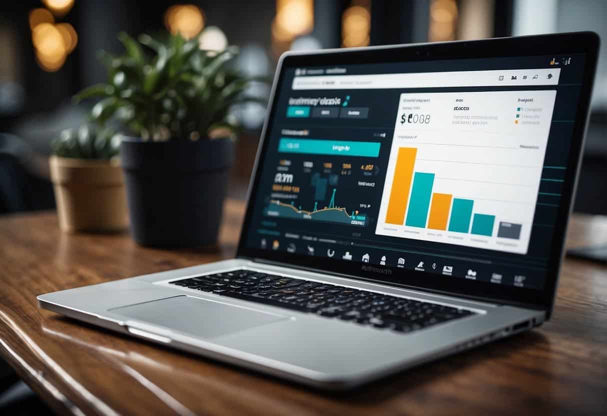 A laptop displaying various pricing and subscription options for conversational marketing platforms, with charts and graphs illustrating deployment success