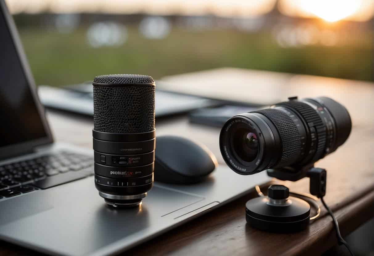 An open laptop displaying a blog post titled "Content Creation Fundamentals: The Ethics of Content Creation" with a camera and microphone nearby