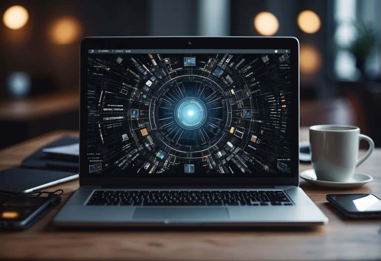 A laptop surrounded by various digital devices, with a mix of ethical and unethical content displayed on the screens, representing the evolving digital landscape and the dos and don'ts for content creators
