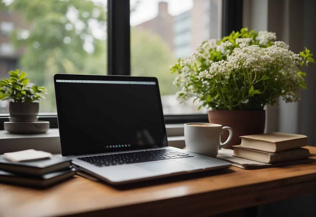 A desk cluttered with a laptop, camera, and notebook. A stack of books on ethical content creation sits beside a mug of coffee. A window lets in natural light