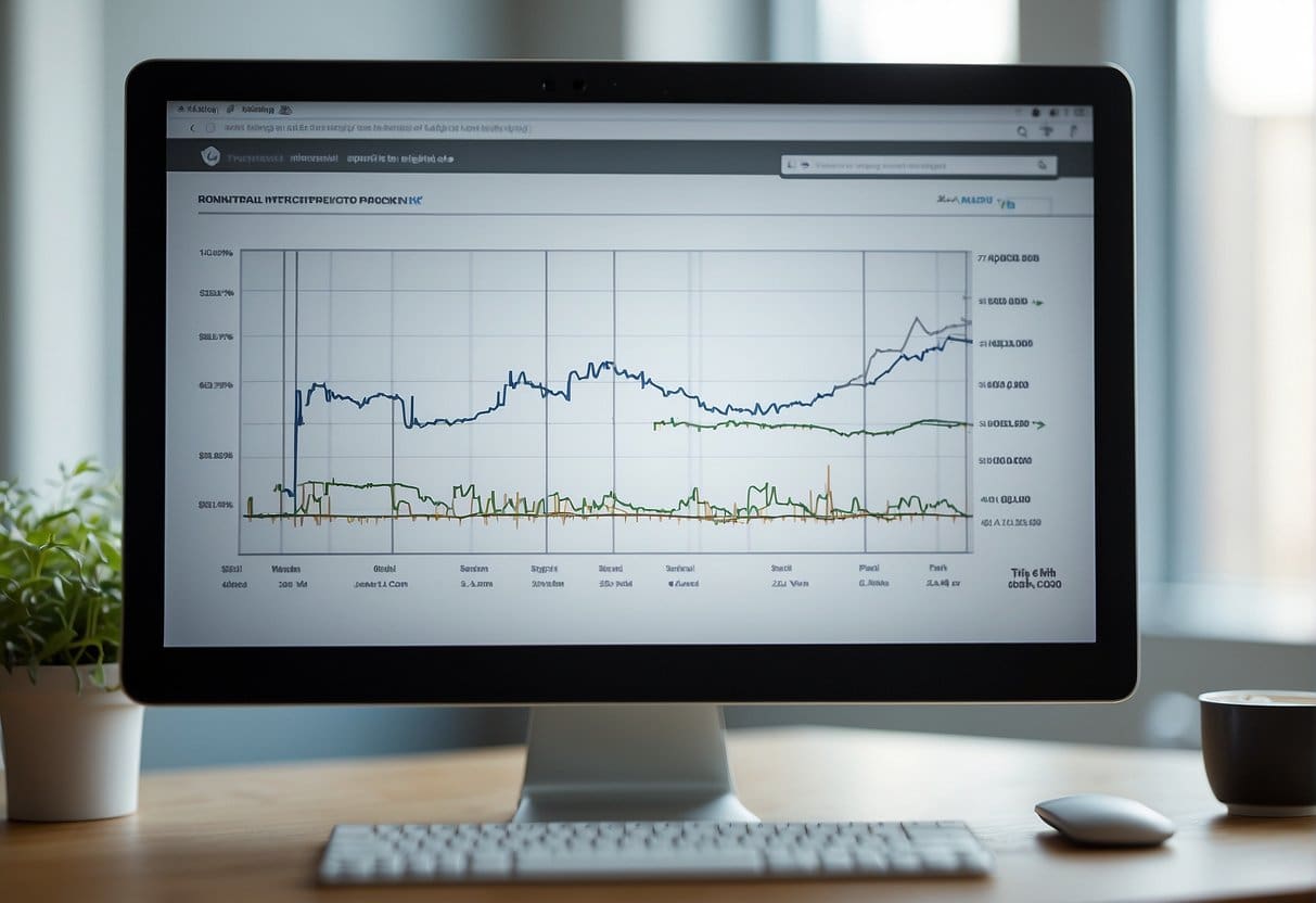 A computer screen displays a line graph showing fluctuations in search engine rankings. A network of interconnected nodes represents a healthy backlink profile
