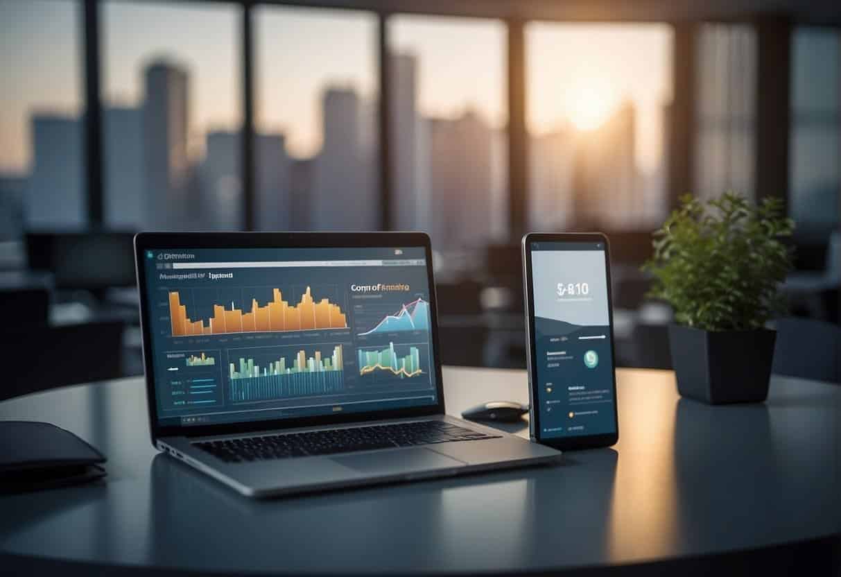 A modern office setting with a computer screen displaying a graph showing increased ROI, surrounded by marketing materials and a customer data platform (CDP) integrated into the workflow