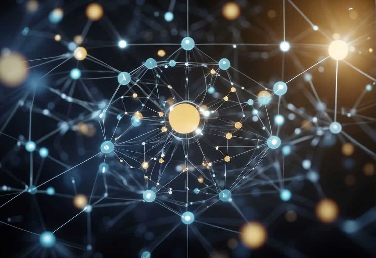 A network of interconnected data points and algorithms, symbolizing the integration of AI and machine learning in modern marketing strategies
