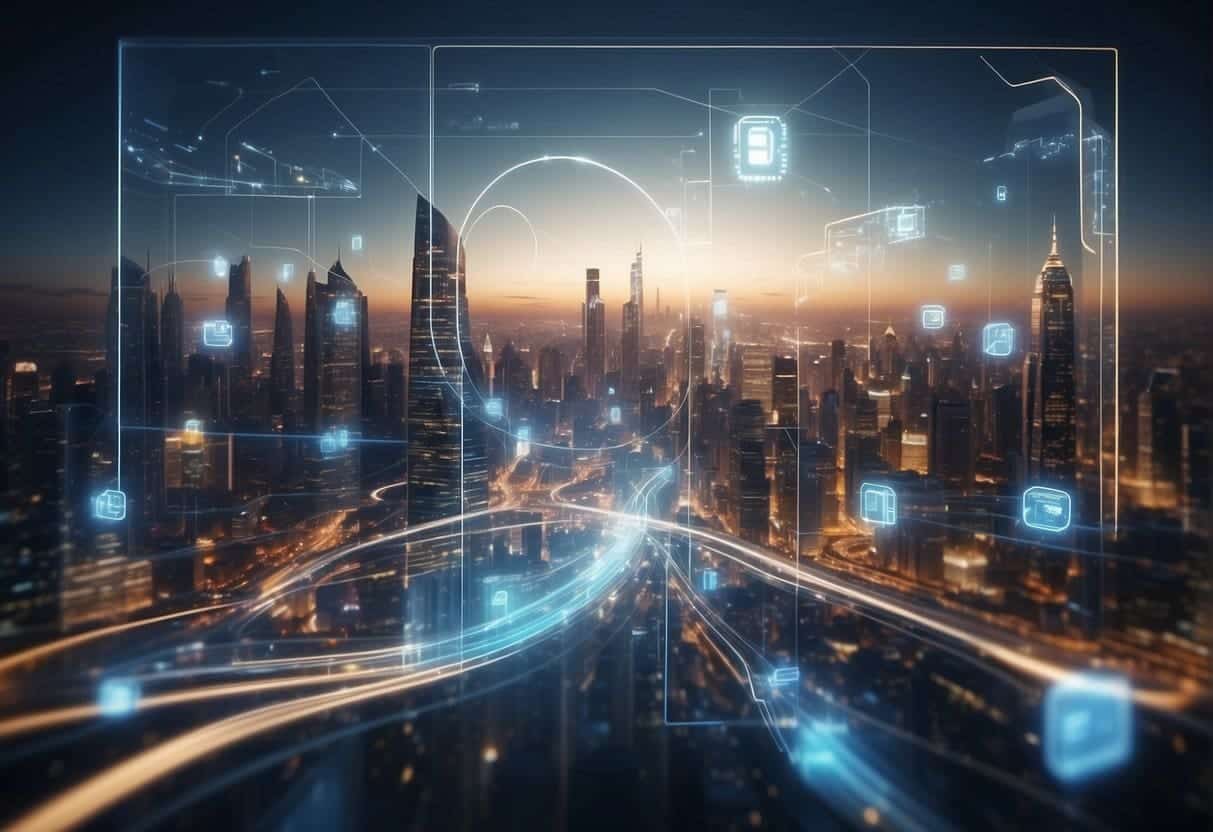 A futuristic cityscape with holographic ads and data streams, highlighting the integration of Customer Data Platforms in digital marketing strategies