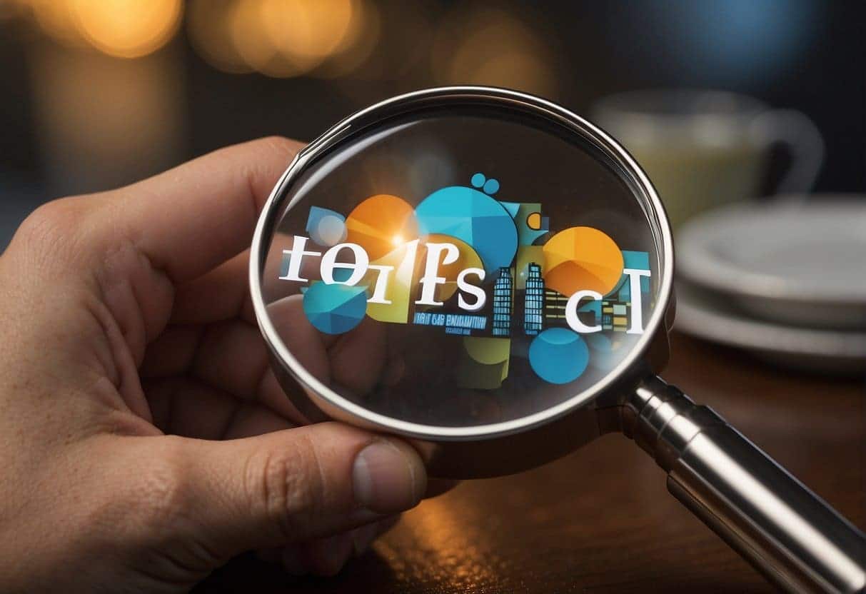 A business logo being selected from a group of options, with a magnifying glass focusing on the chosen logo