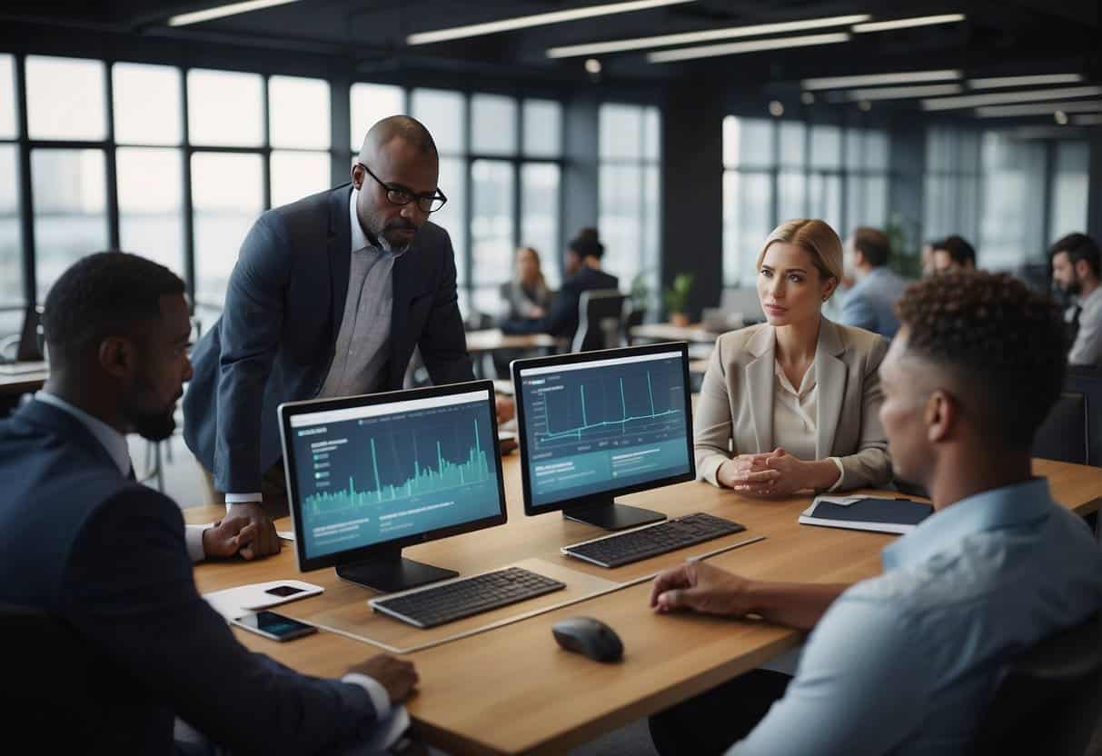 A diverse group of business professionals evaluating and comparing different customer data platforms in a modern office setting