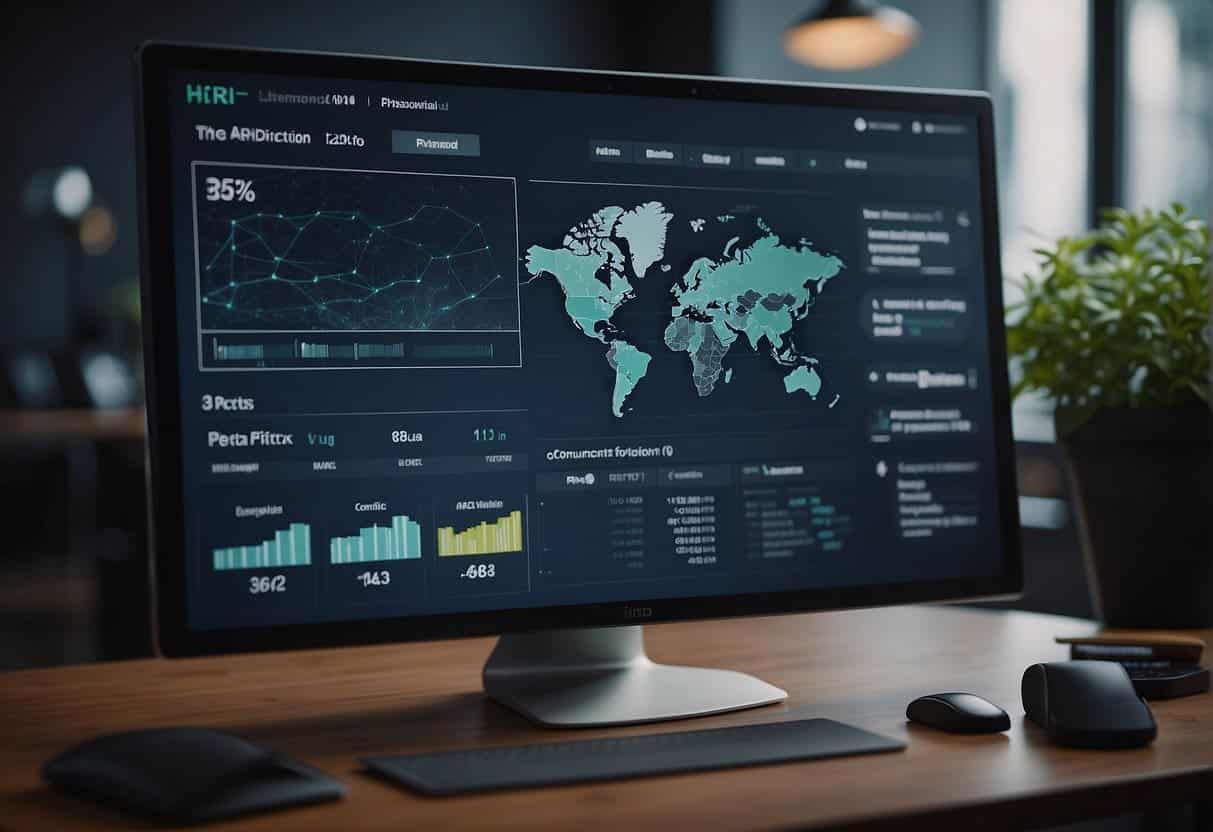 A computer screen displaying a data privacy dashboard with various compliance metrics. A network of interconnected data points representing customer profiles