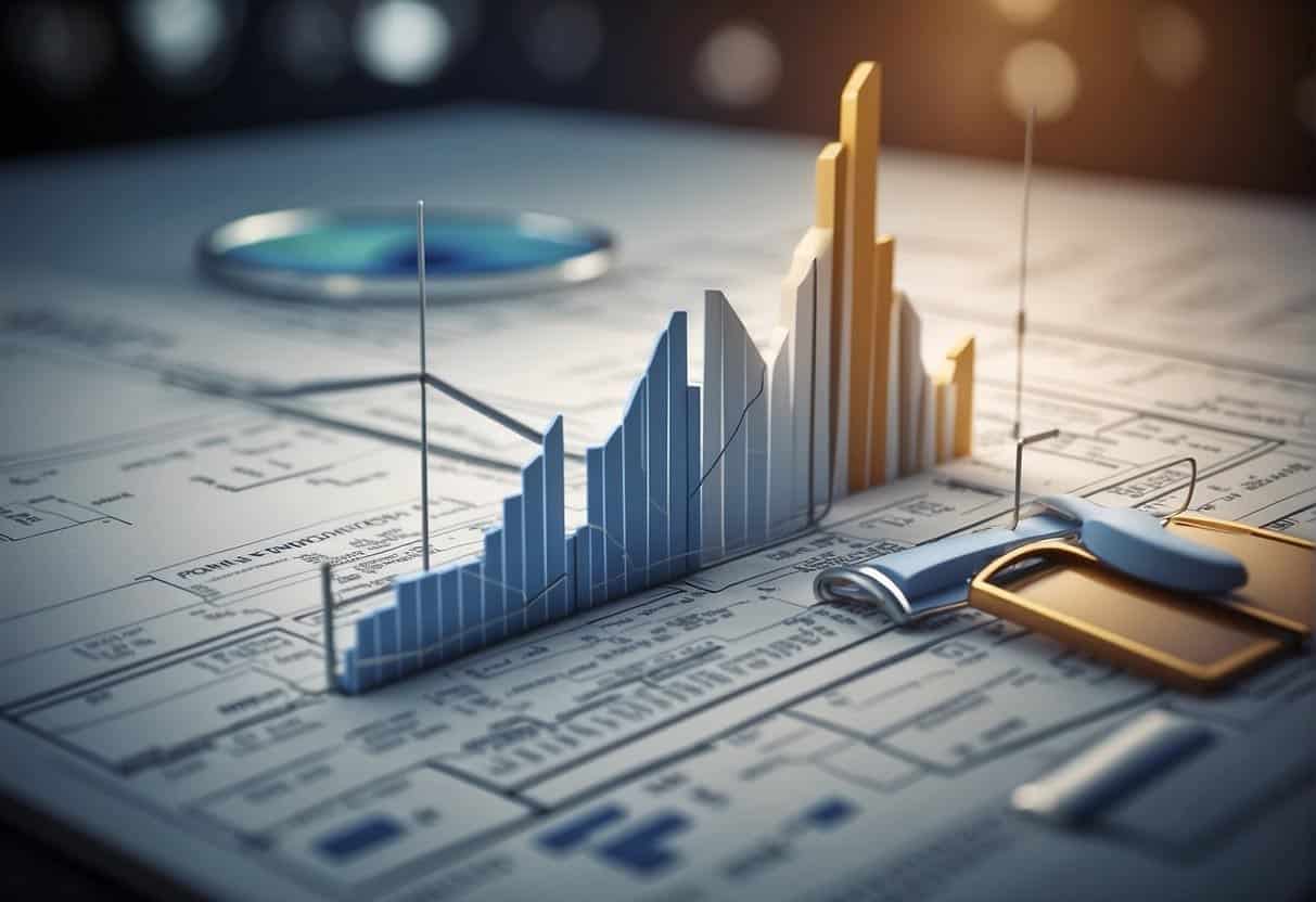 A graph with a steep upward trend, surrounded by data points and analysis tools