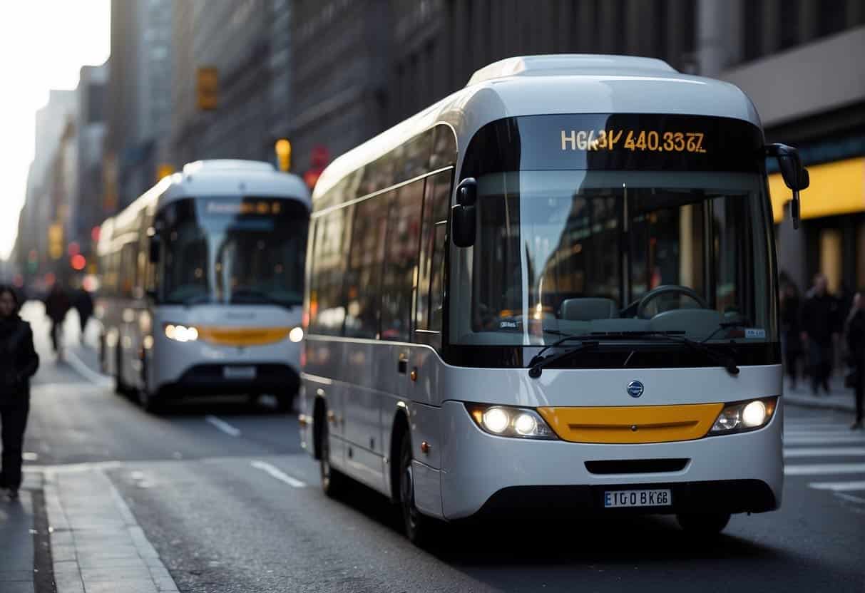 A bustling city street with unique vehicles and eye-catching advertising displays. Traffic flows smoothly as pedestrians interact with attention-grabbing marketing tactics