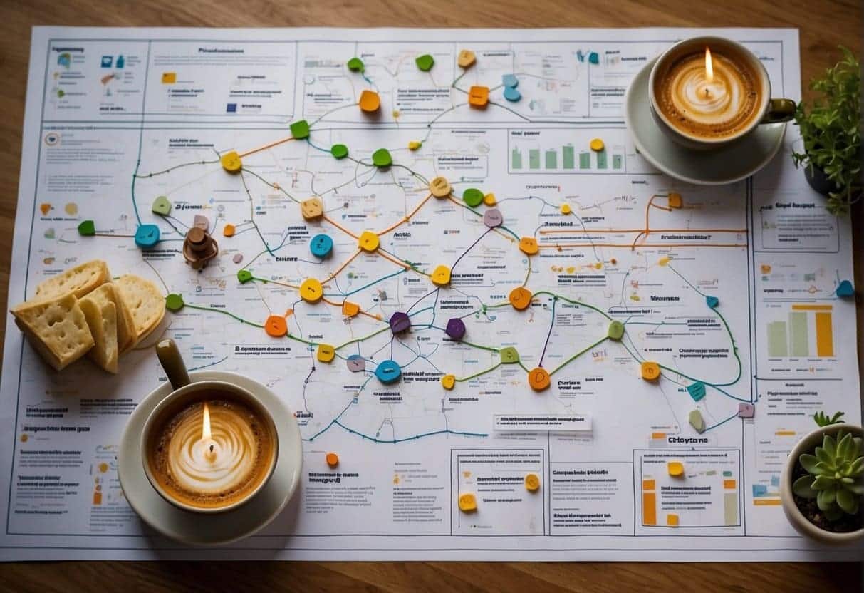 Customer Journey Mapping  - A customer journey map is laid out on a table, surrounded by various data sources and customer touchpoints. A CDP is shown seamlessly integrating and organizing the data for a more comprehensive view
