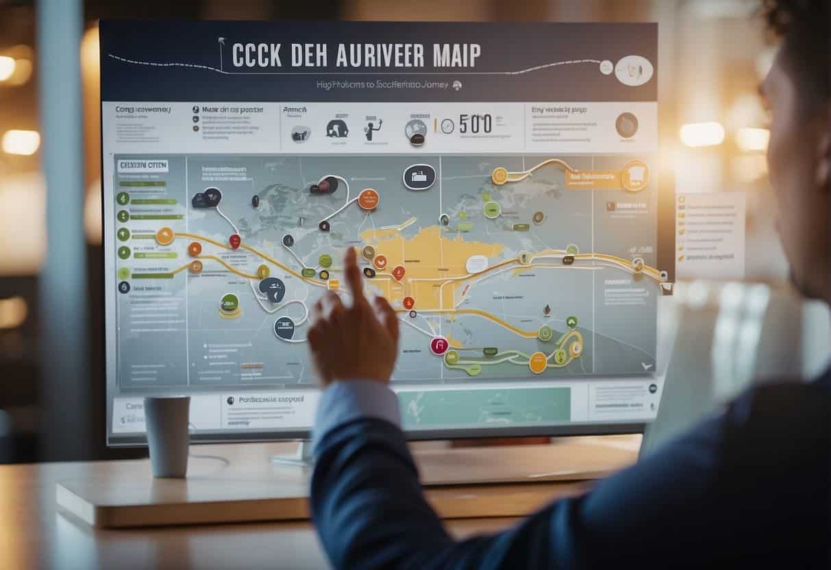 A customer journey map is being created using a CDP, with various touchpoints and interactions highlighted for analysis and improvement