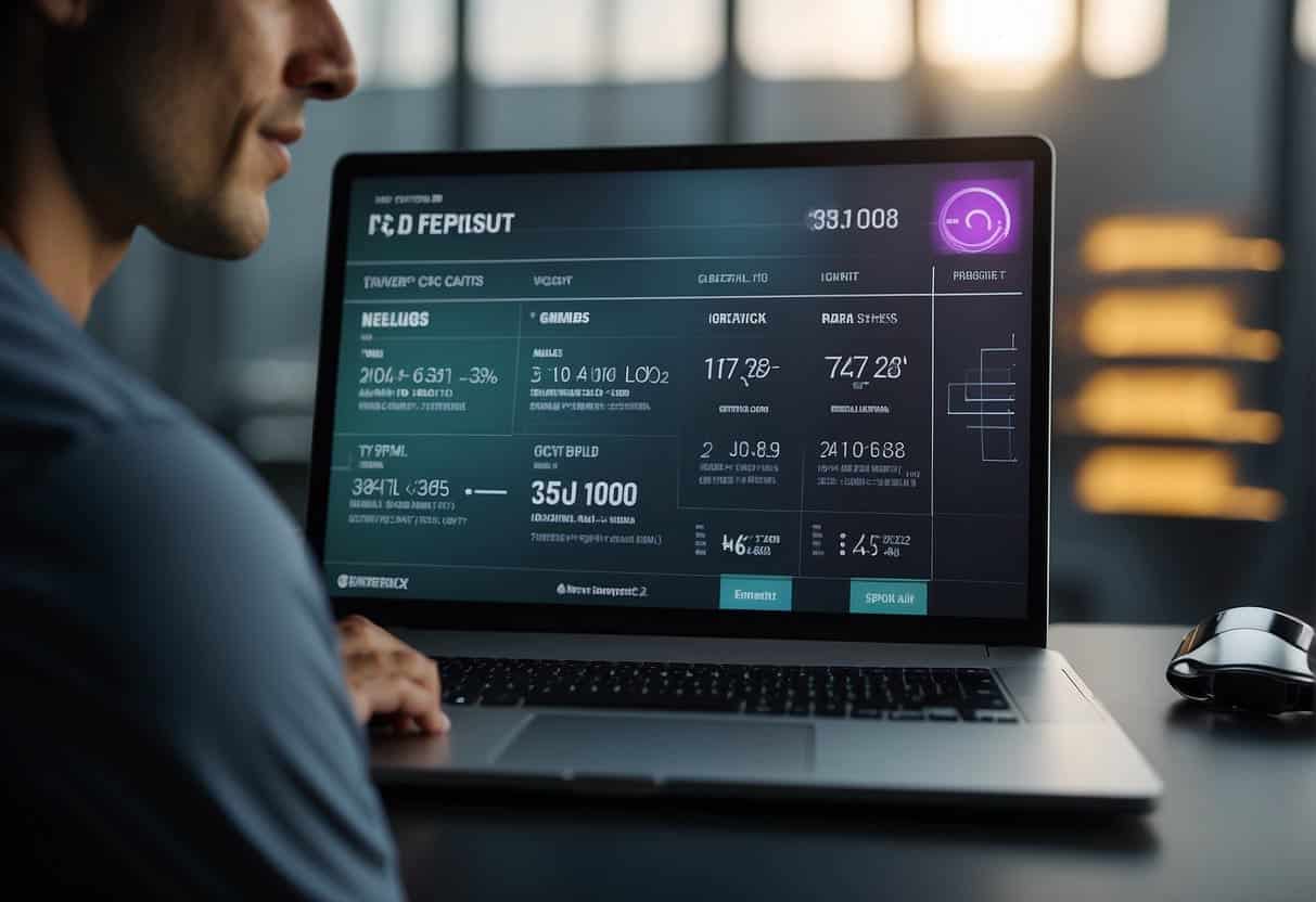 A fitness AI generating personalized workout and diet plans. Text and graphs displayed on a digital screen, with a user interacting with the interface