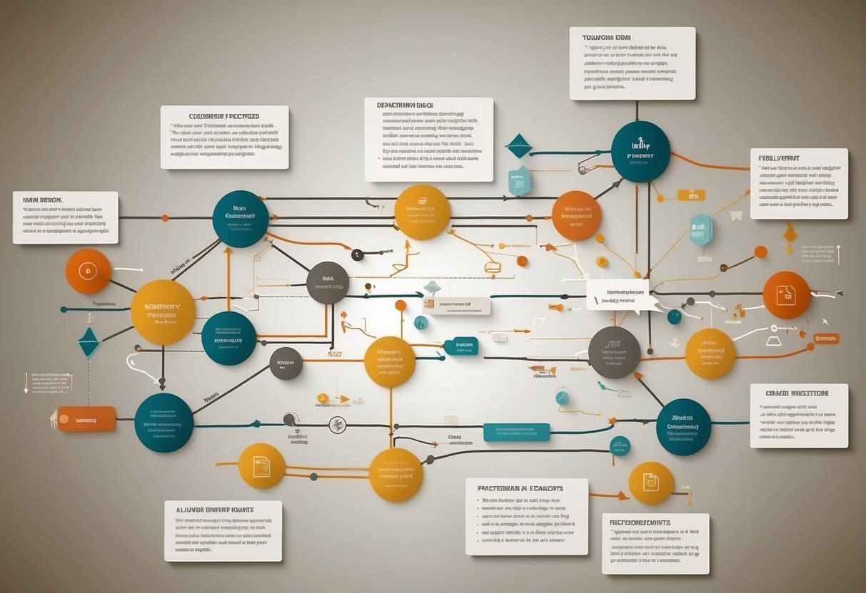 A flowchart of interconnected data points and customer touchpoints, with arrows indicating the flow of information and feedback loops