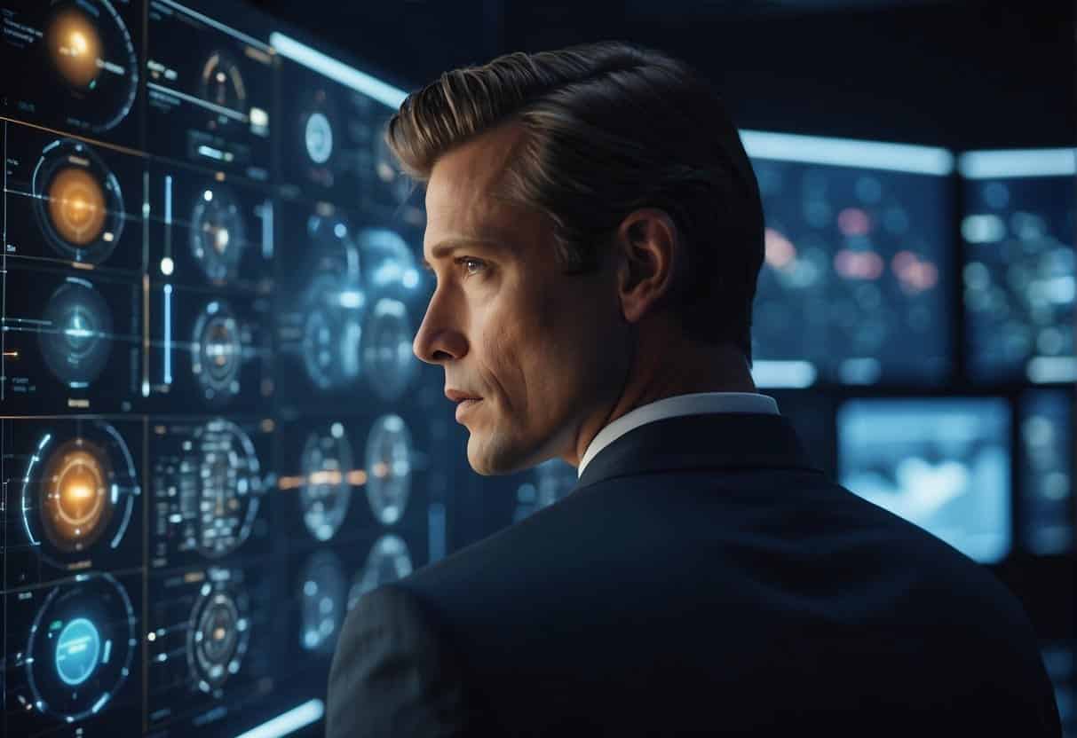 AI and machine learning algorithms analyzing customer data, with futuristic technology and data visualization tools in a modern, sleek environment
