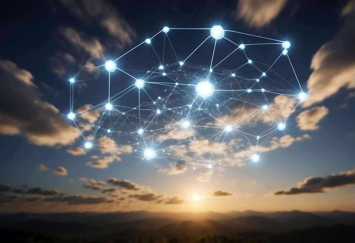 A network of interconnected clouds hover over a digital landscape, representing the future trends in customer data management