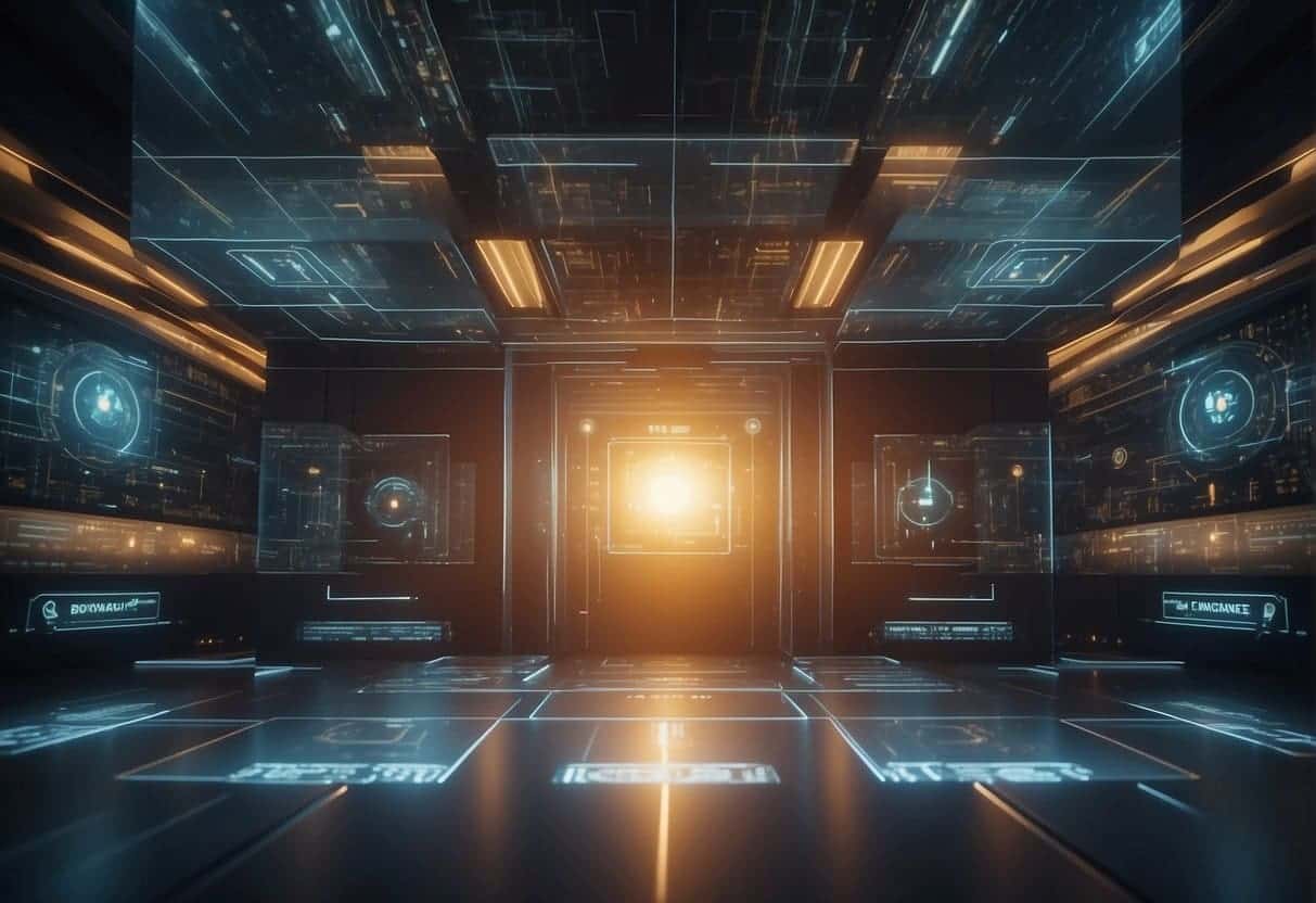 A futuristic data management system with advanced security measures and privacy protocols in place, ensuring the protection of customer data