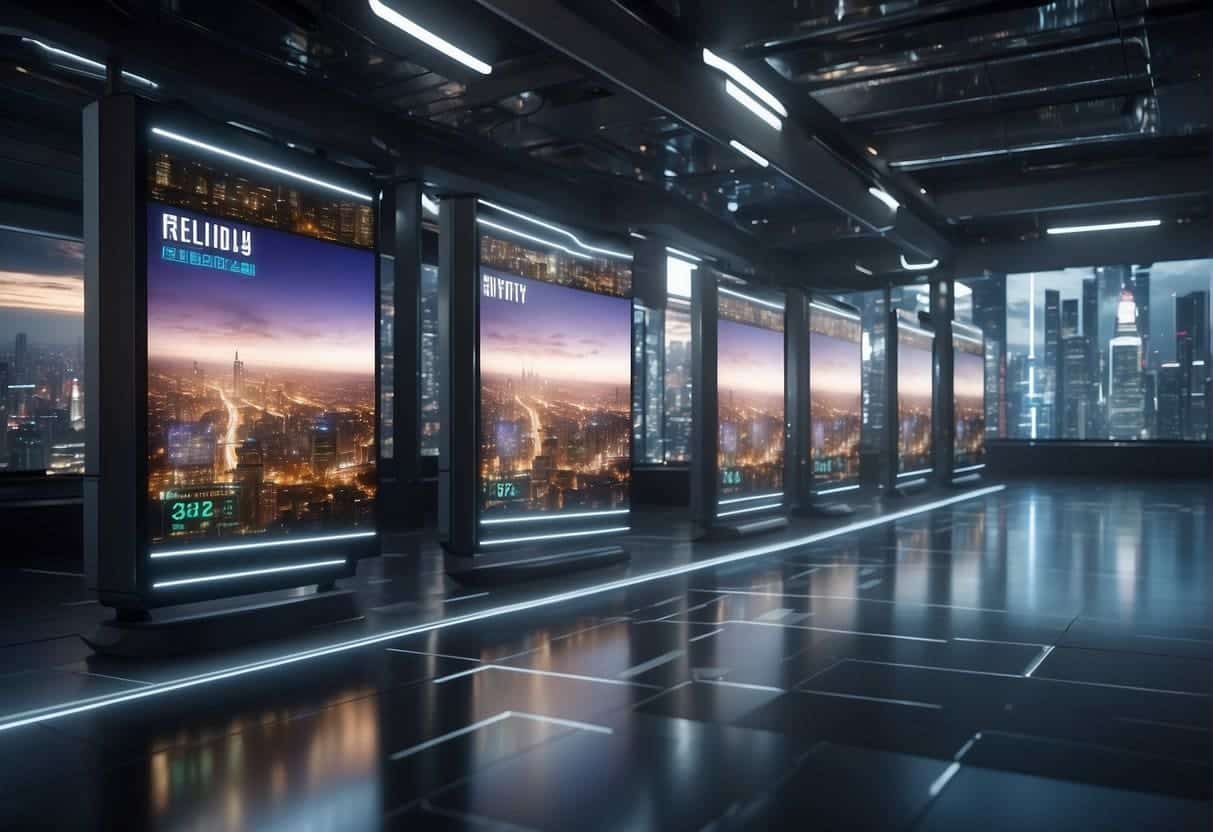 A futuristic cityscape with digital billboards displaying real-time programmatic advertising data. High-tech SSP platforms seamlessly integrate with the urban environment