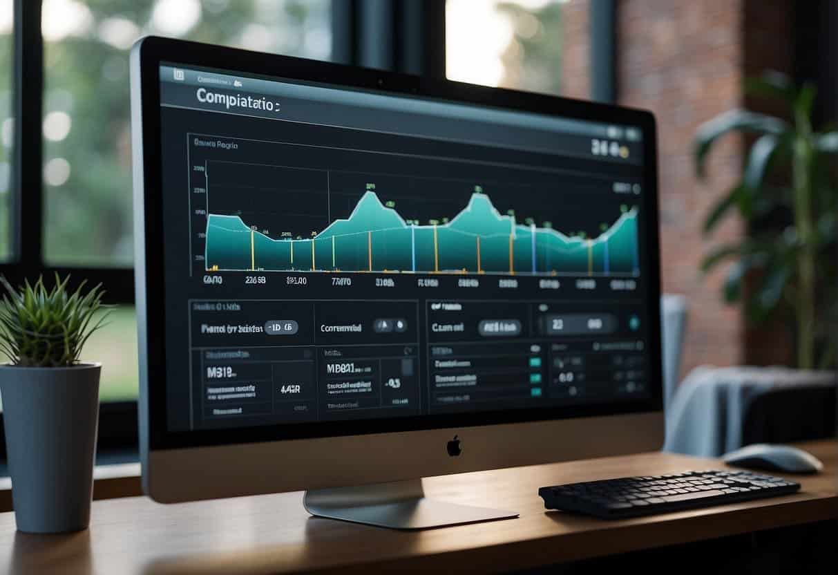 A computer screen displays a programmatic advertising dashboard with ad quality and brand safety metrics. A hand adjusts settings on the SSP platform