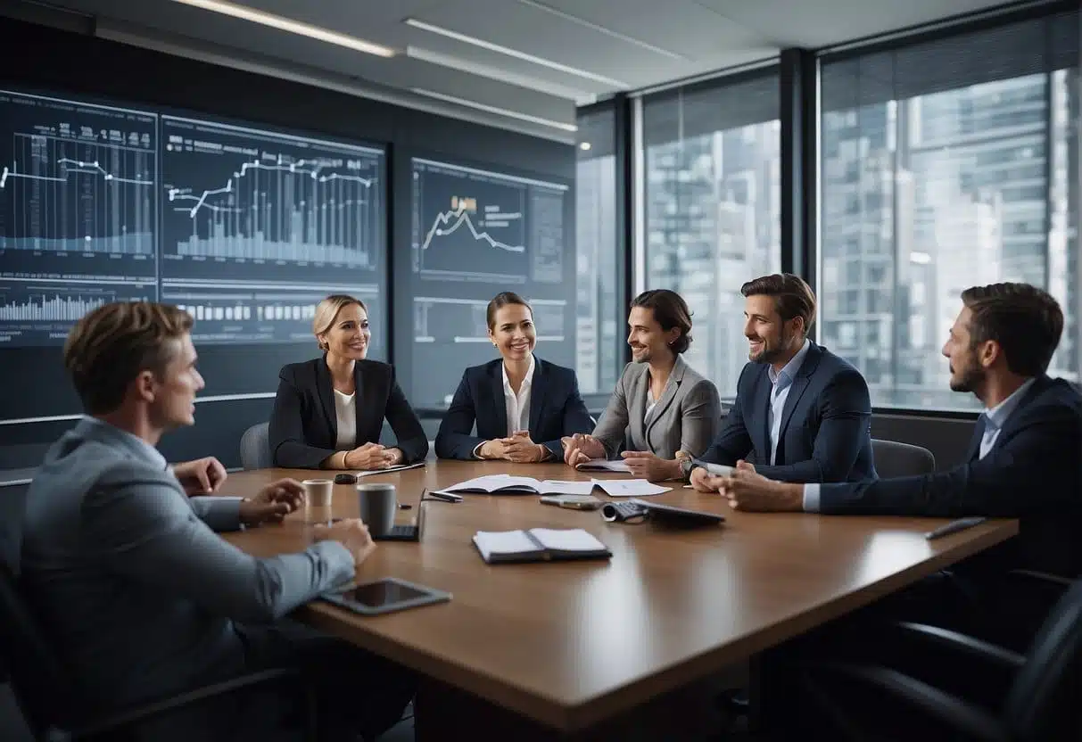 A group of professionals discuss ethical and legal considerations in programmatic advertising, surrounded by charts and graphs