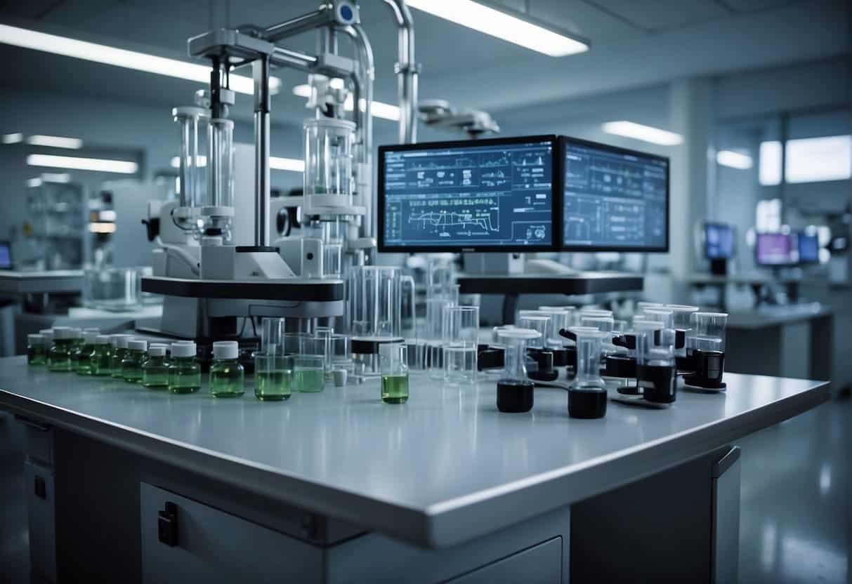 A laboratory filled with advanced technology and robotic arms conducting experiments on pharmaceutical compounds. AI algorithms analyze data on computer screens while machines work on drug development