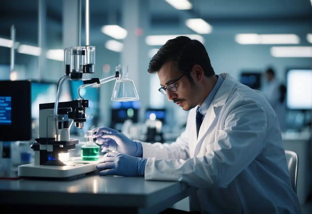 A laboratory with AI systems analyzing data and conducting experiments for pharmaceutical research and development