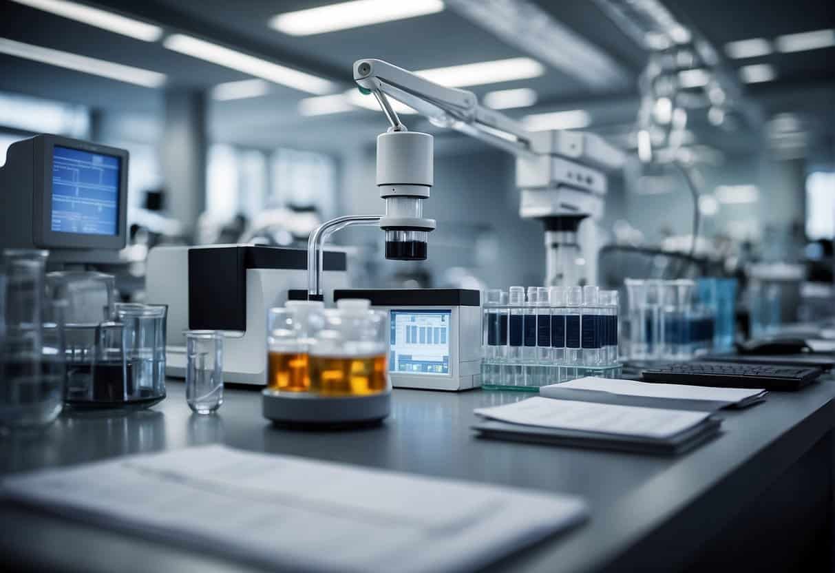 A laboratory setting with AI technology and pharmaceutical research equipment, surrounded by regulatory documents and ethical guidelines