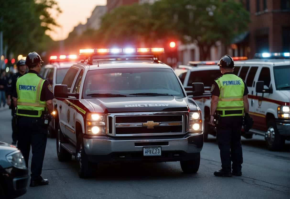 Emergency vehicles and personnel surrounded by concerned citizens, as an AI system answers questions about public safety and emergency response