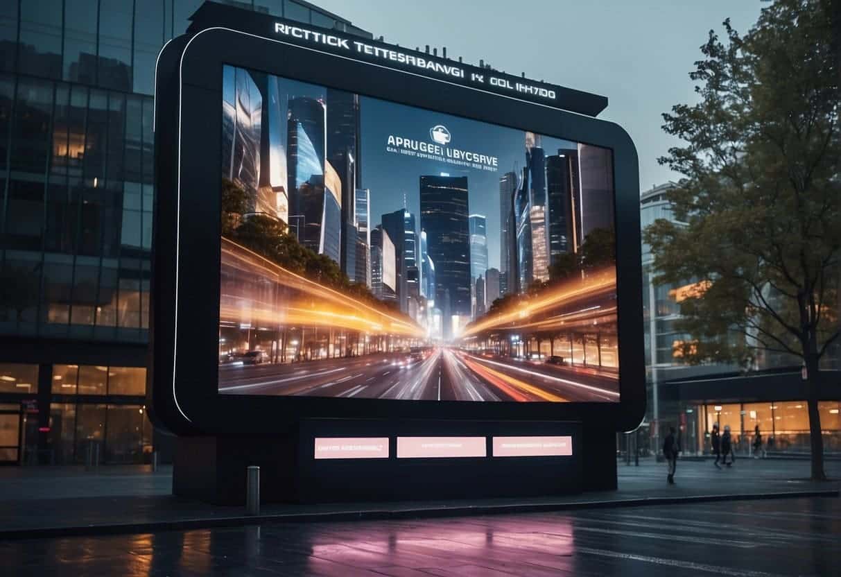 A digital billboard displays dynamic content, surrounded by futuristic buildings and interconnected technology