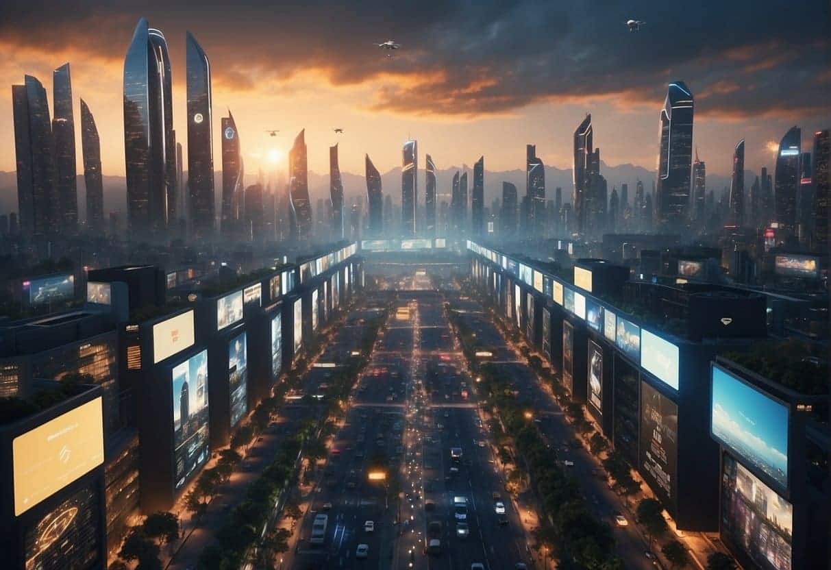 A futuristic city skyline with digital billboards displaying targeted ads, while AI-powered drones fly overhead, analyzing consumer behavior