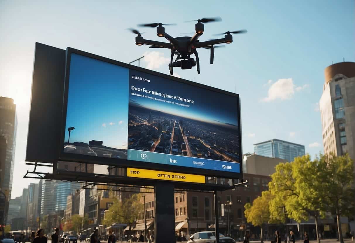 A digital billboard displays targeted ads in a bustling city center, while a drone flies overhead capturing data for personalized advertising