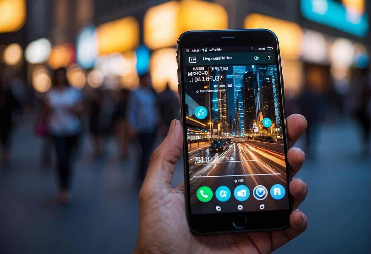 A smartphone displaying targeted ads, surrounded by digital devices and interactive screens in a bustling urban setting