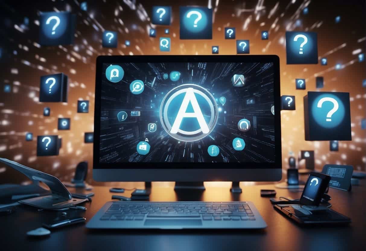 A computer screen displaying various tech and ad icons with a question mark hovering above, surrounded by digital devices and marketing materials