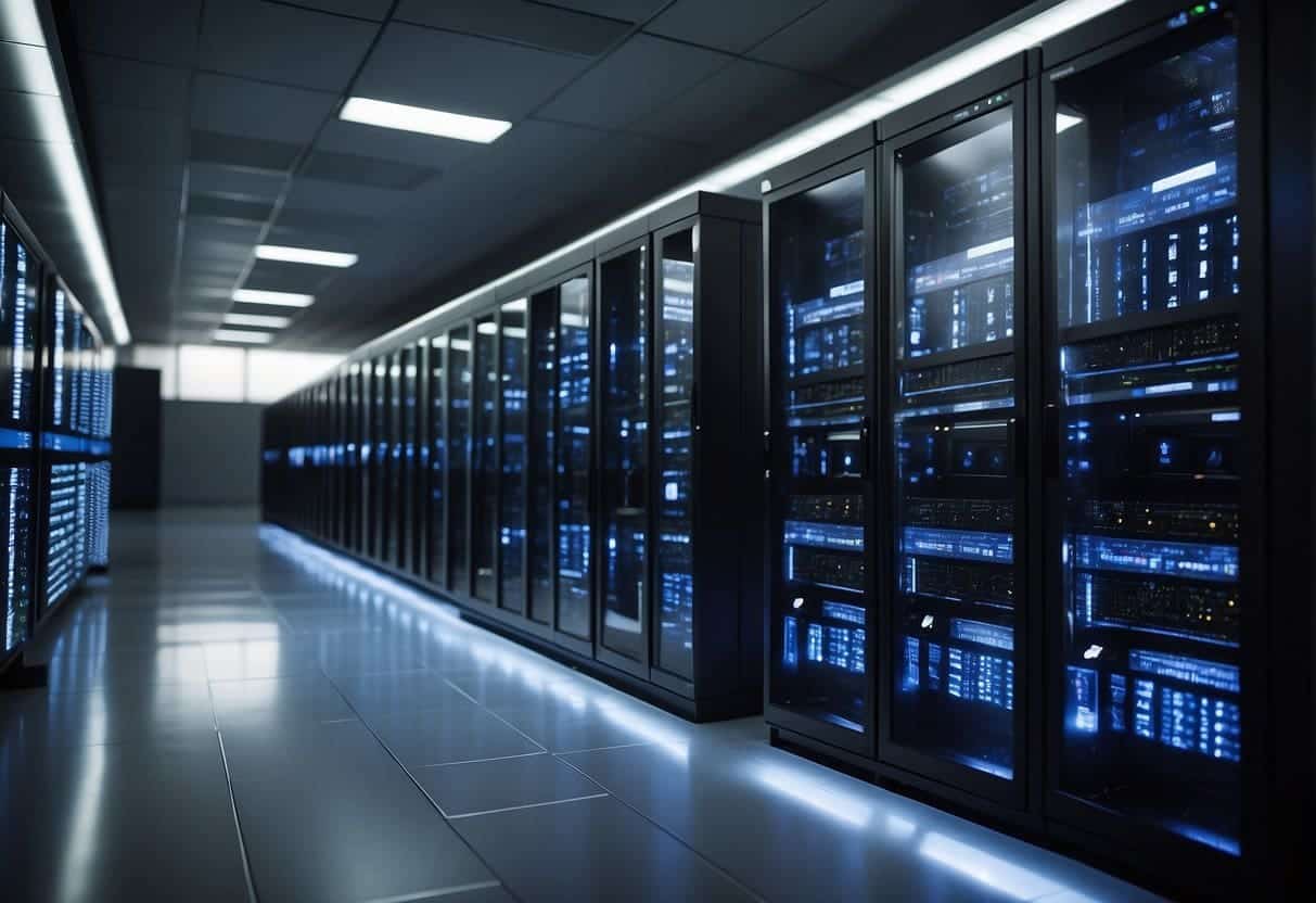 A server room with interconnected systems and databases, a cloud-based infrastructure, and a seamless integration of e-commerce platforms