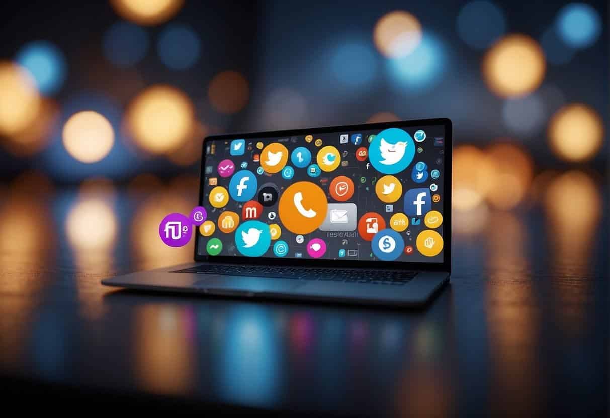 Social media icons and automation tools merge, forming a seamless marketing campaign. Data flows effortlessly, creating a streamlined and efficient process