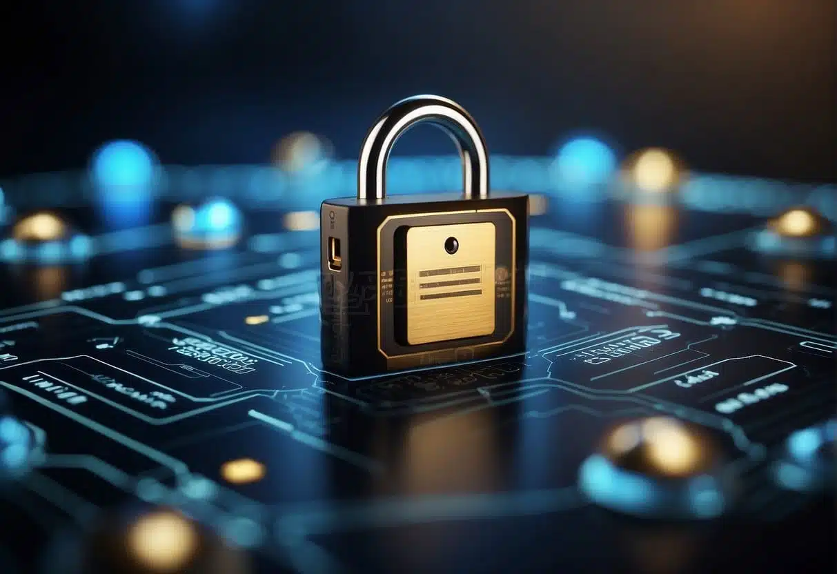 A secure lock guarding a digital interface, surrounded by compliance symbols and flexible digital components
