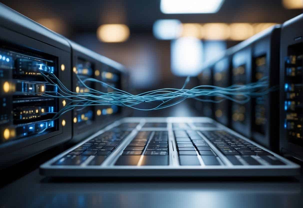 A network of interconnected devices and servers, with a central hub managing data flow and transactions, all working seamlessly without a traditional front-end interface