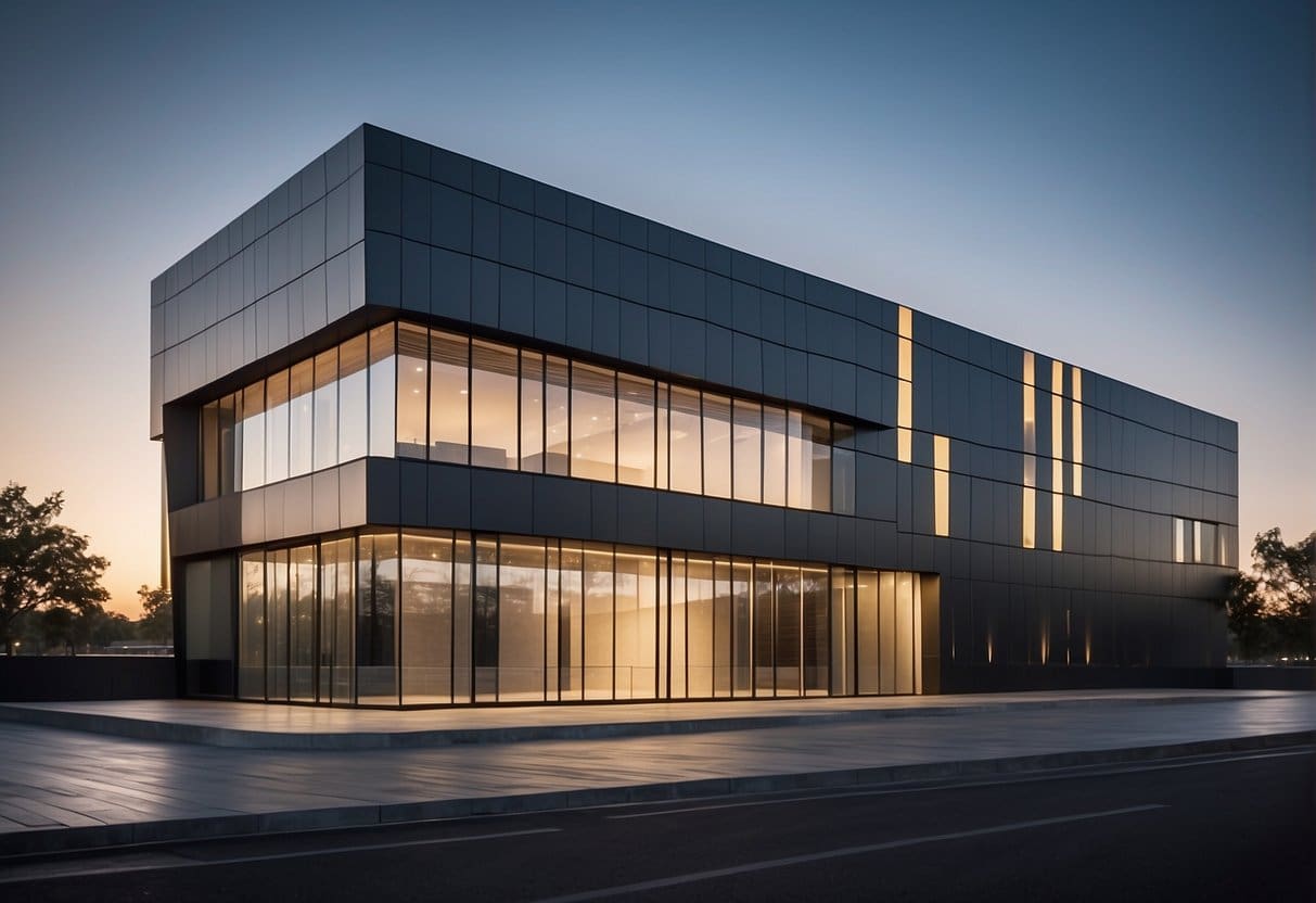 A secure, modern building with a sleek, minimalist design. Multiple layers of digital security features, such as firewalls and encryption, protect the architecture