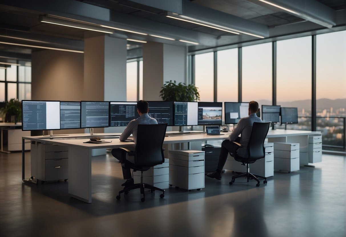 A modern, minimalist office setting with computer screens displaying various headless commerce platforms. A person is seen evaluating and comparing different platforms for developing a headless commerce architecture