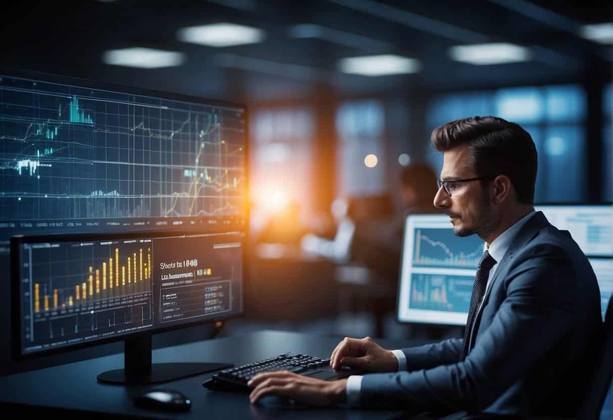 An AI system analyzes data, while graphs and charts display risk assessment and policy customization in an insurance setting
