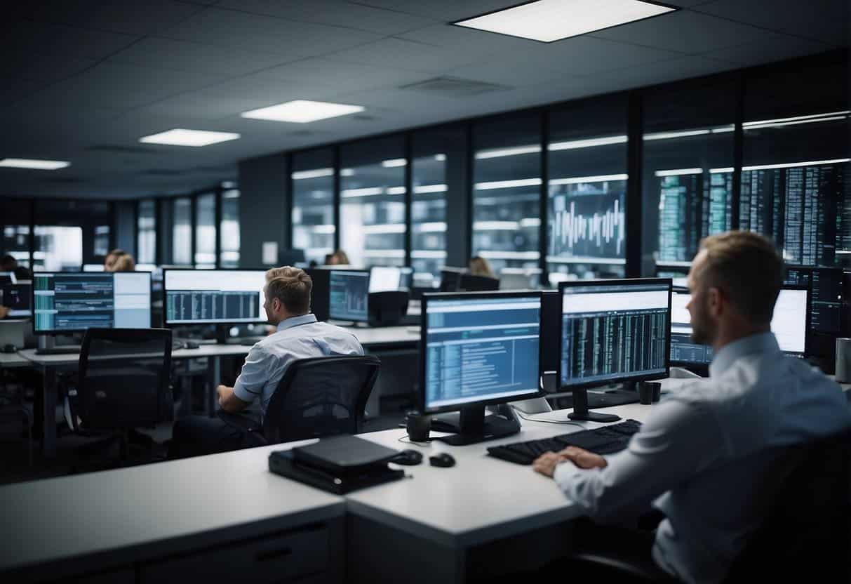 A busy office with computers and automation software. Efficiently managed campaigns on screens. Streamlined processes and maximized resources