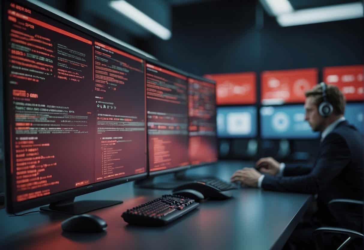 AI software scanning screens for fraud, with a list of FAQs displayed. Red flags and warning symbols pop up next to suspicious activities
