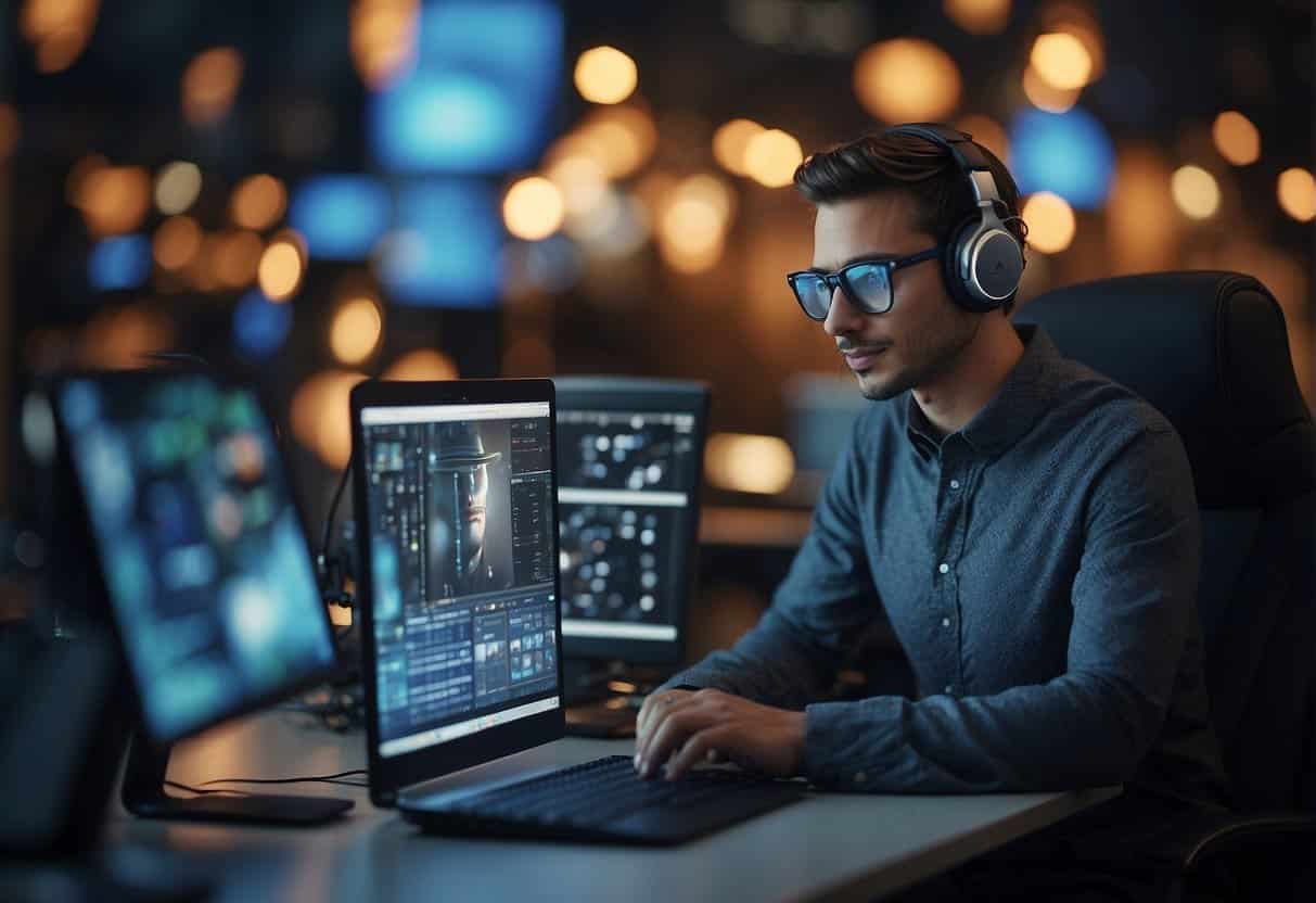 A digital artist and an AI collaboratively curate and create digital art, with the AI assisting in the creative process
