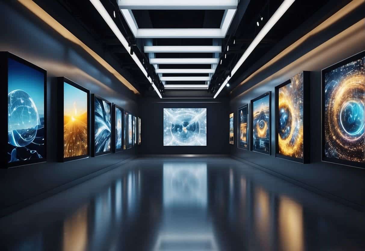 A futuristic gallery displaying AI-generated digital art pieces in various styles and movements, with advanced technology and interactive exhibits