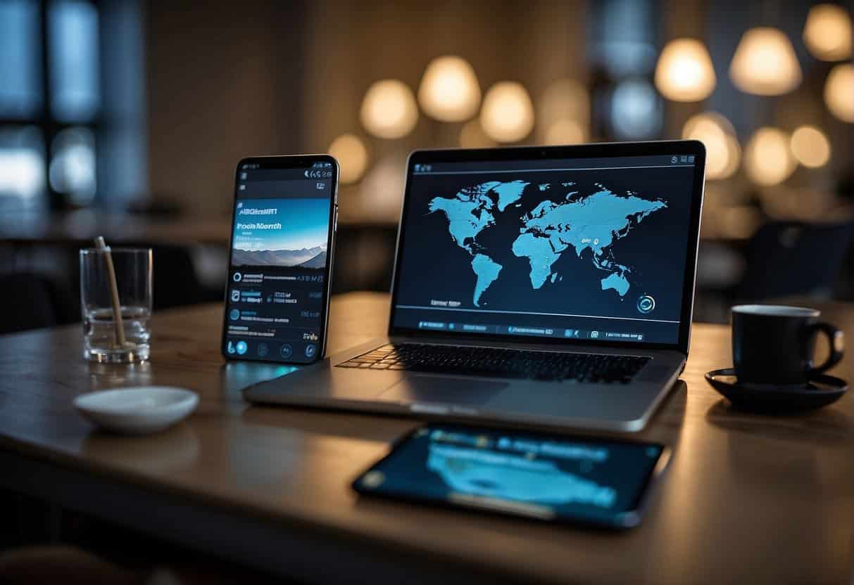A mobile phone, tablet, and laptop connected to a central content management system with no visible physical interface