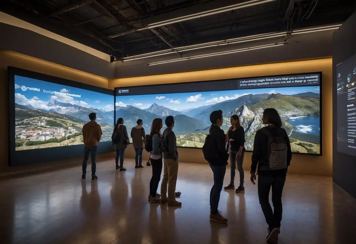 A bustling cultural heritage site with AI-driven technology enhancing visitor engagement and access. Tourists interact with digital displays and educational tools, while the surrounding environment is brought to life through immersive technology