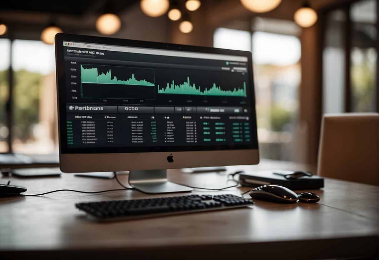 A computer screen split in half, one side showing Clickfunnels interface with conversion metrics, the other side showing Shopify dashboard with sales data