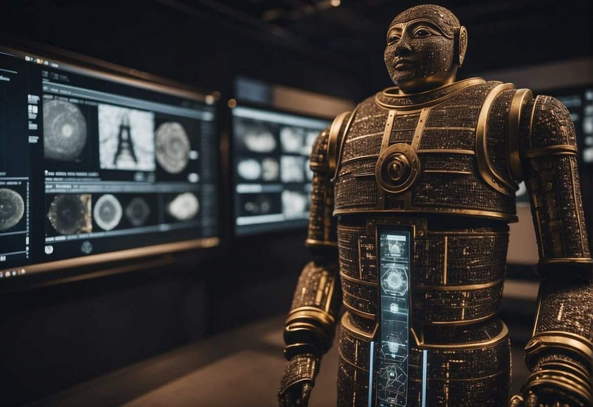 Advanced AI technology scans and analyzes ancient artifacts. A virtual tour guides visitors through historical sites. Education and tourism benefit from innovative conservation methods