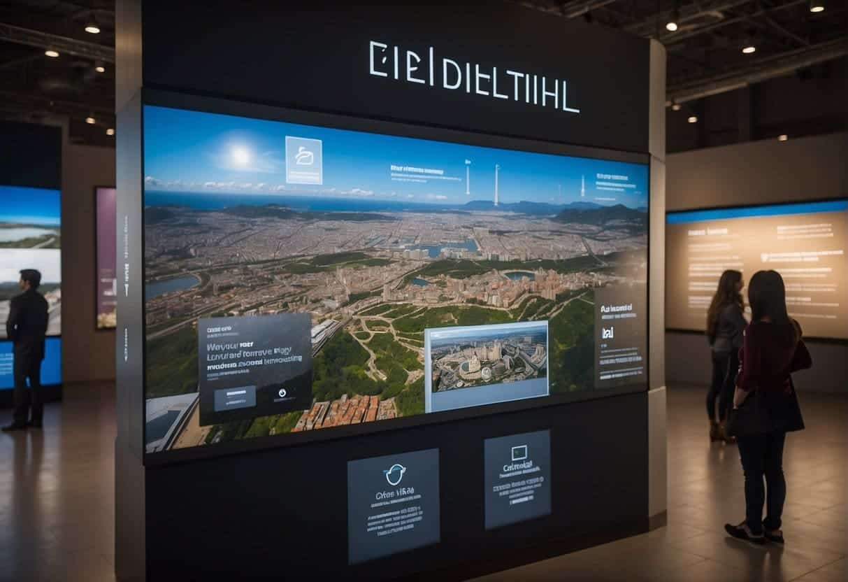 AI technology enhances cultural heritage experience, guiding tourists through exhibits and providing educational information. A digital interface displays historical artifacts and landmarks, creating an immersive and interactive learning environment