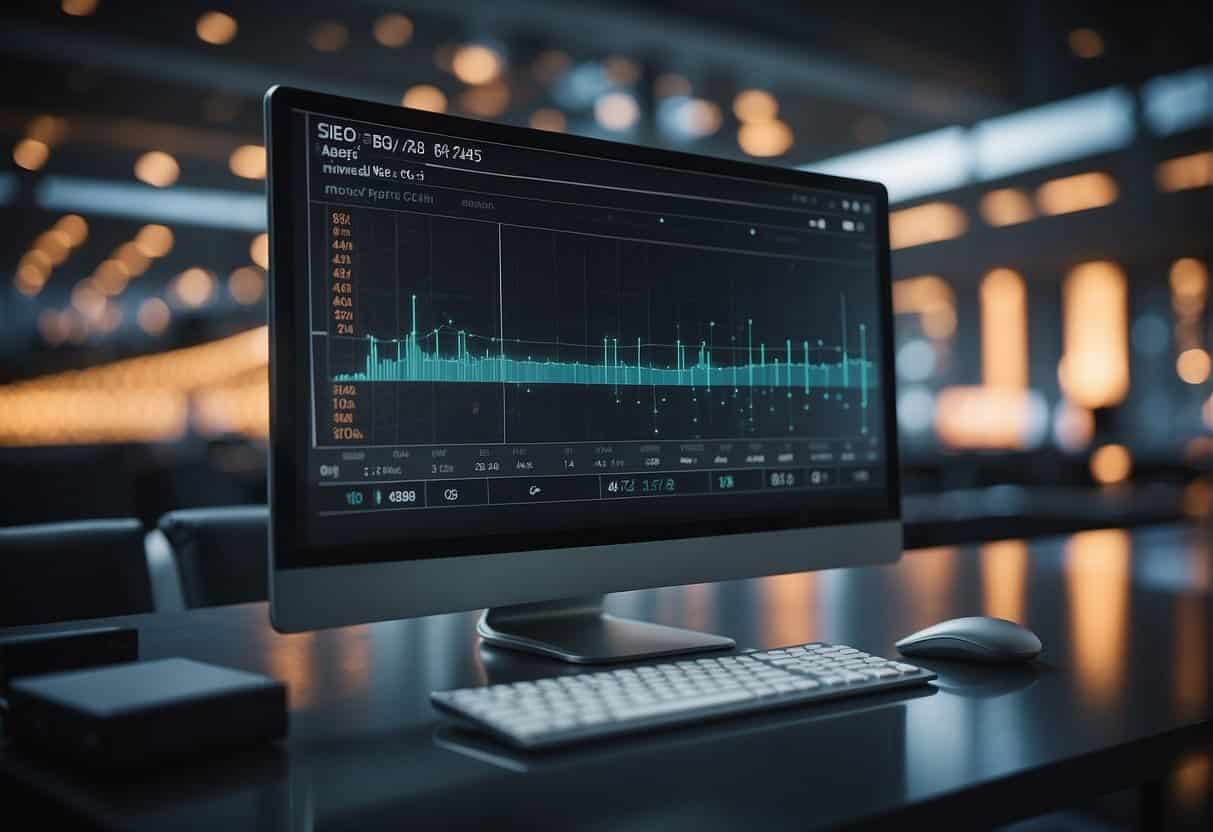 A computer screen displaying SEO analytics and performance data with a futuristic and minimalist design