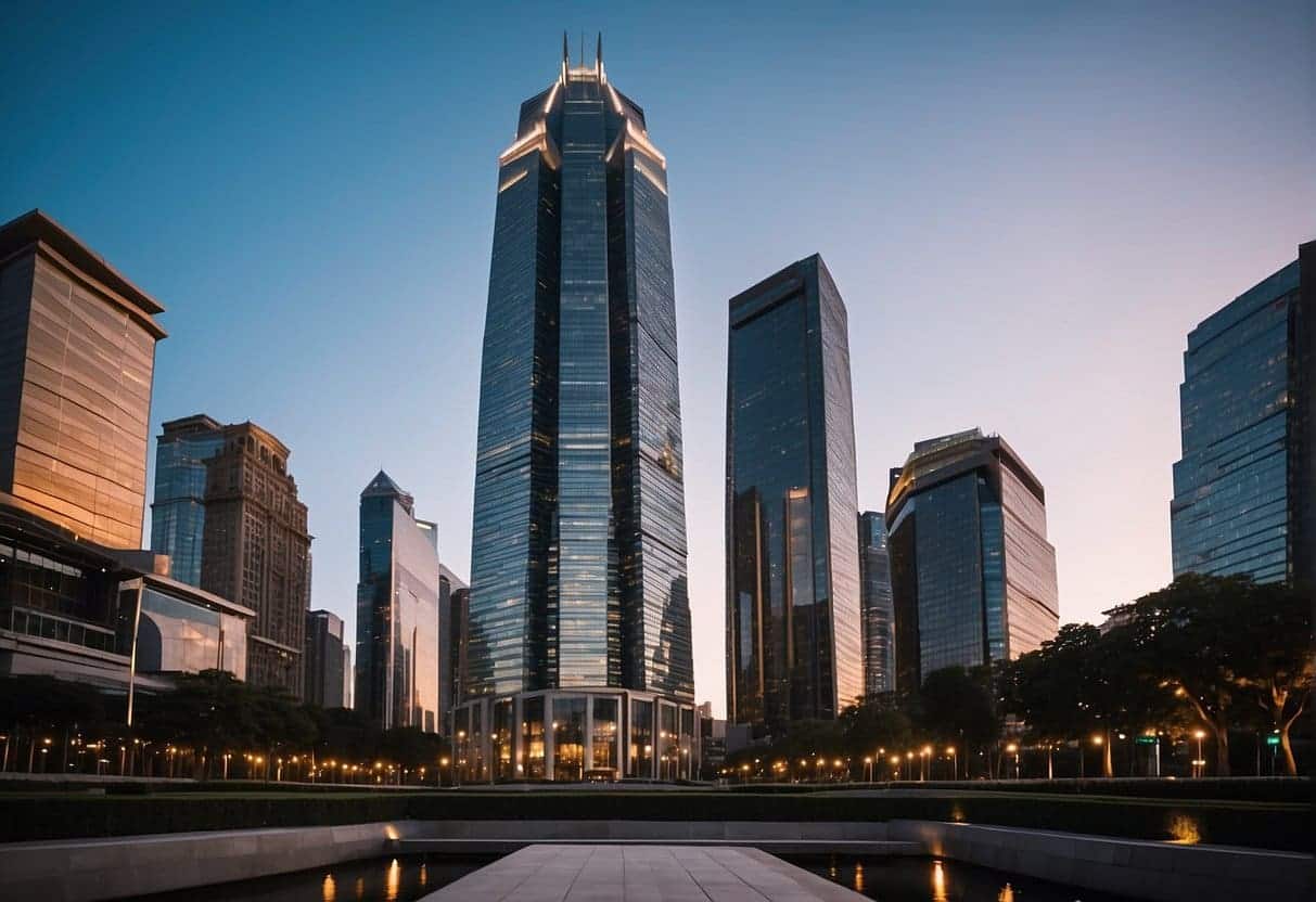 A towering, modern skyscraper stands against a vibrant city backdrop, exuding authority and trustworthiness. The building's sleek design and prominent position symbolize the future of SEO in the zero-click era